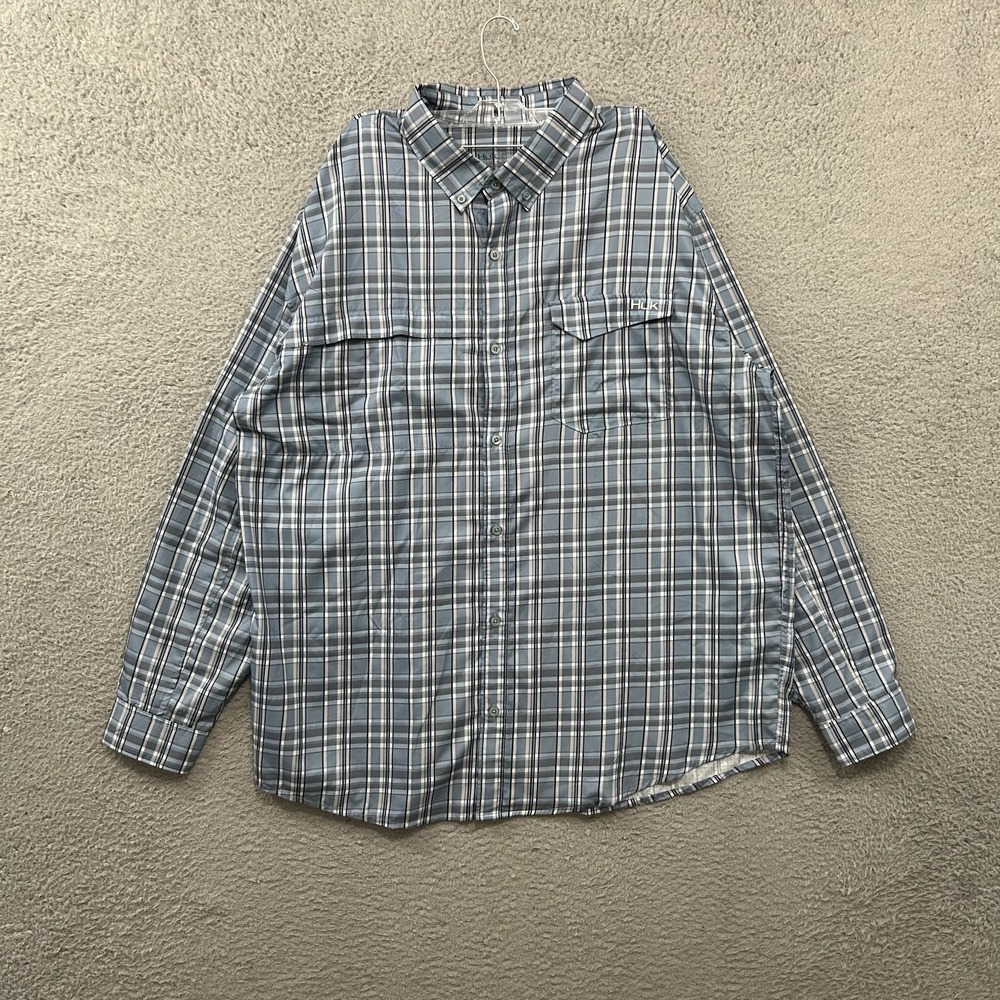 HUK Shirt Mens 2XL XXL Blue Plaid Performance Button Down Vented Breathable Fish